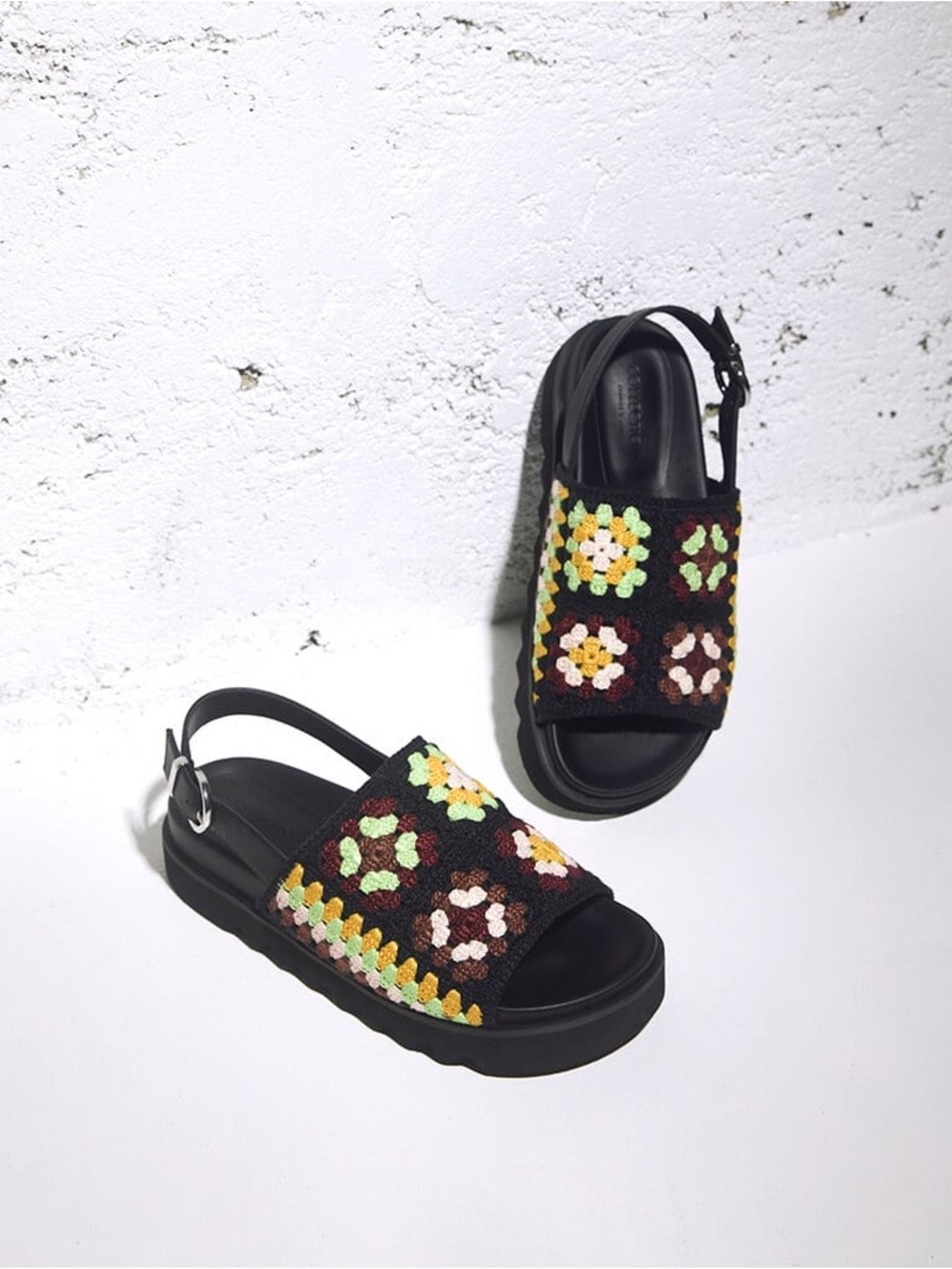 Women's Black Crochet Platform Sandals with Multicolor Floral Accents